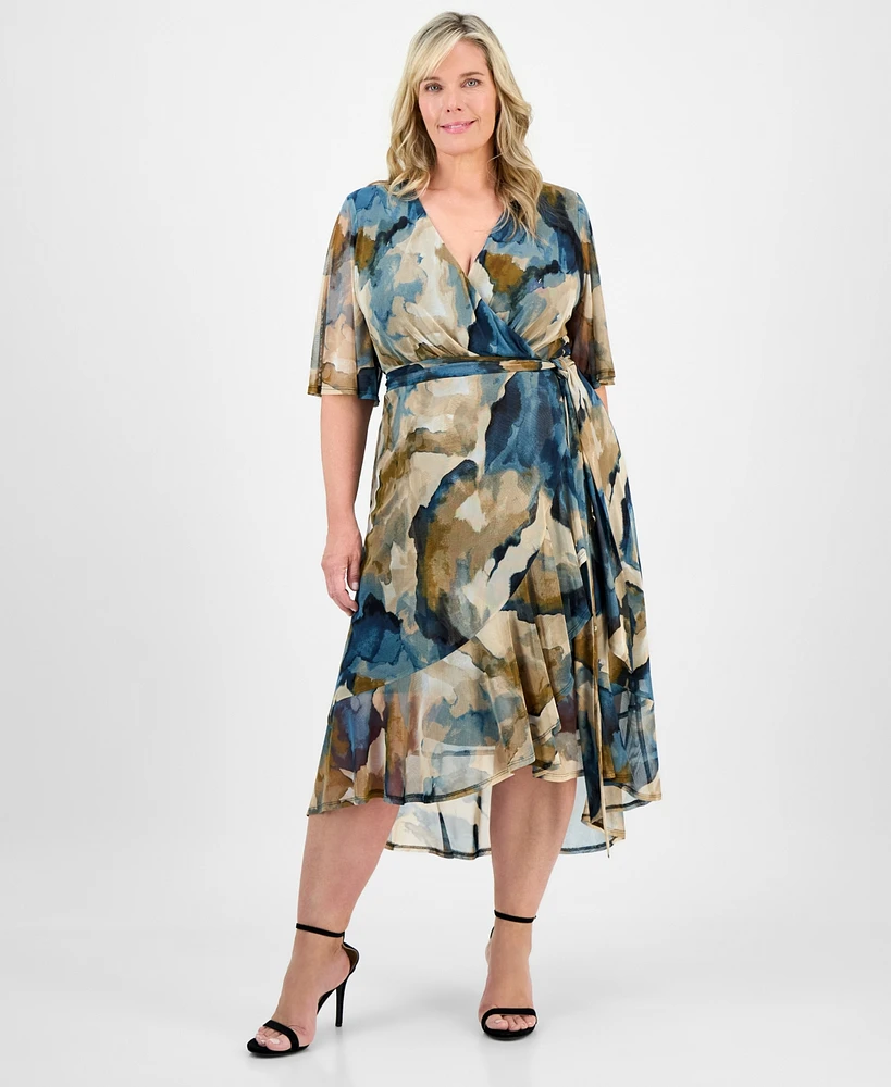 Connected Plus Printed Tie-Waist Ruffle-Hem Dress