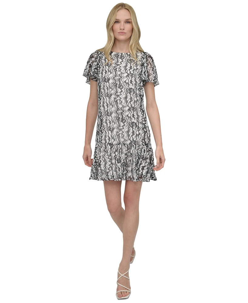 Dkny Women's Printed Flutter-Sleeve Trapeze Dress
