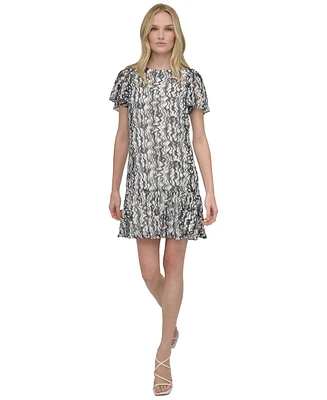 Dkny Women's Printed Flutter-Sleeve Trapeze Dress