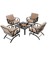 Gymax 5PCS Cushioned Patio Dining Set Heavy-Duty Rocking Chairs with 4-in-1 Fire Pit Table
