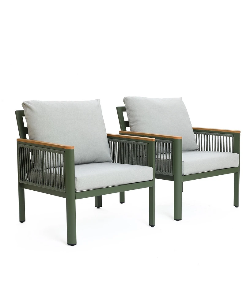LuxenHome Outdoor Aluminum with Wood-Style Plastic Armchairs with Cushions, Set of 2