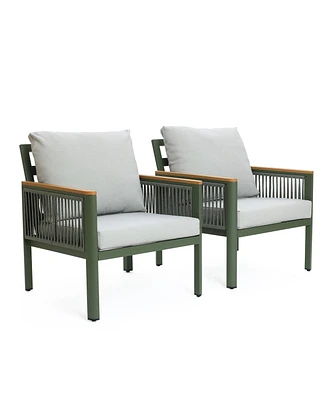 LuxenHome Outdoor Aluminum with Wood-Style Plastic Armchairs with Cushions, Set of 2
