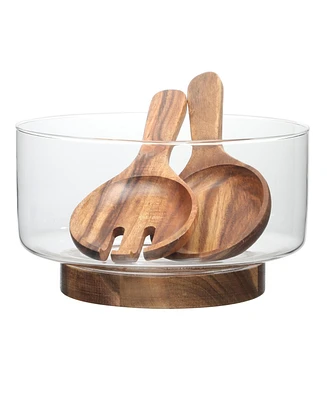 Gibson Home Wildgreens Large Glass Salad Bowl Set with Acacia Wood Base and Acacia Serving Utensils