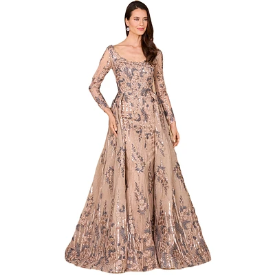 Lara Women's Long Sleeve Lace Gown with Overskirt
