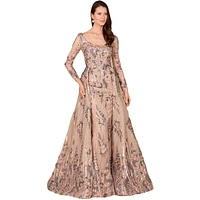 Lara Women's Long Sleeve Lace Gown with Overskirt