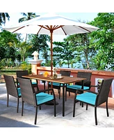Gymax 7PCS Patio Dining Furniture Set Yard w/ Wooden Tabletop Turquoise Cushions