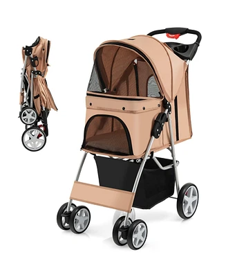 Folding Dog Stroller for Small Medium Dogs Cats Puppy, 4 Lockable Wheels Cat Stroller Pet Travel Carrier Strolling Cart, Safety Belt, Removable Liner