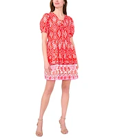 Msk Petite Placed Print Puff-Sleeve Swing Dress