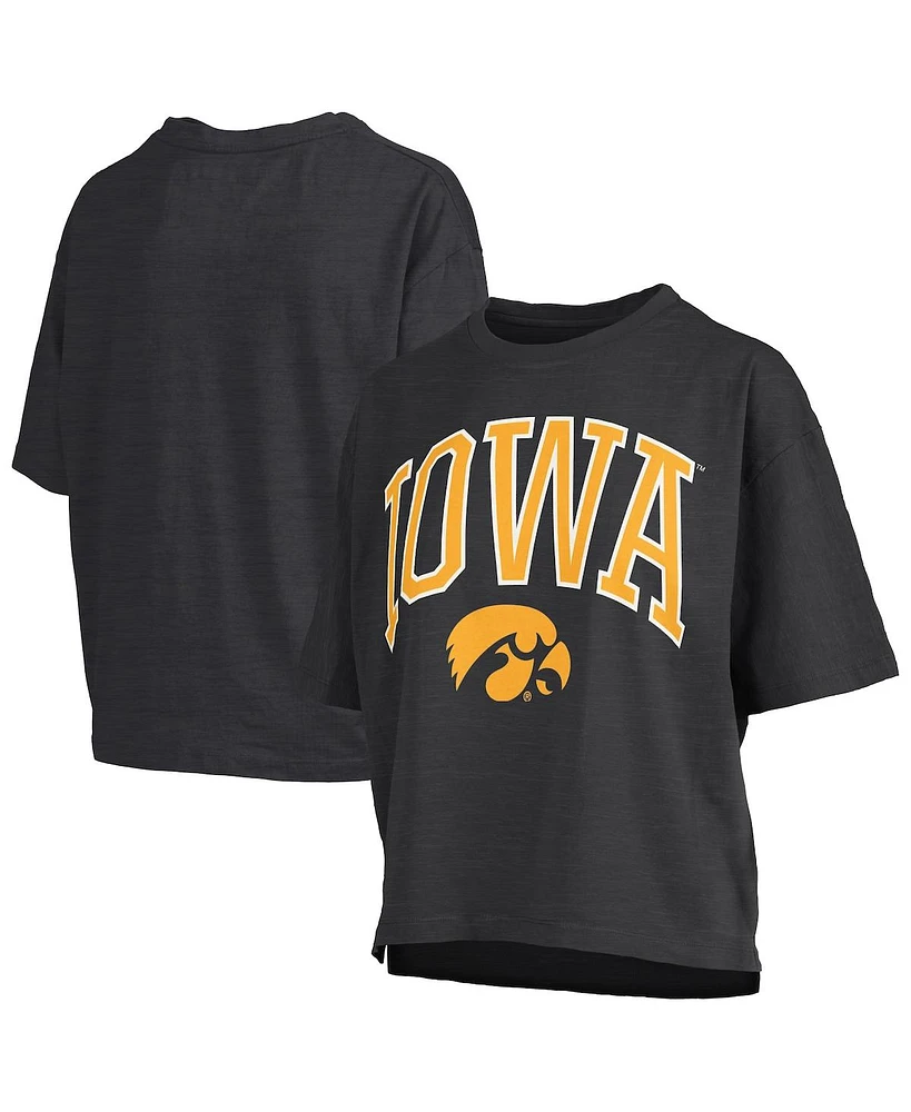Pressbox Women's Black Iowa Hawkeyes Nelson Arch Over Logo Waist Length Oversized Slub T-Shirt
