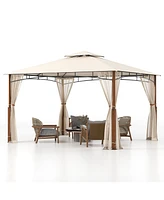 Outdoor Patio Gazebo with Netting and 2-Tier Canopy Roof