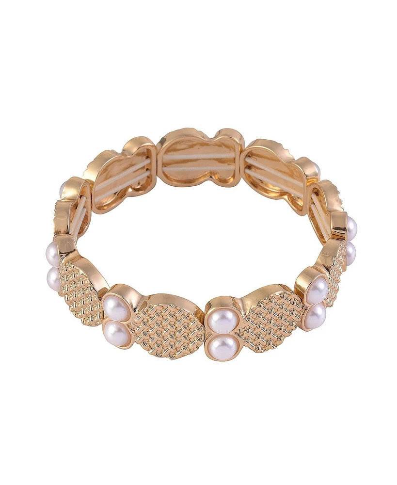 Laundry by Shelli Segal Textured Gold Tone Stretch Bracelet with Pearl Accents