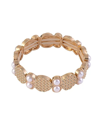 Laundry by Shelli Segal Textured Gold Tone Stretch Bracelet with Pearl Accents