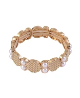 Laundry by Shelli Segal Textured Gold Tone Stretch Bracelet with Pearl Accents