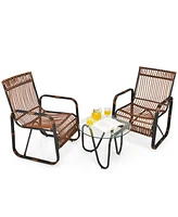 Gymax 3PCS Rattan Patio Conversation Set Bistro Furniture Set w/ Glass Table
