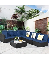 Gymax 7PCS Rattan Patio Conversation Set Sectional Furniture Set w/ Navy Cushion