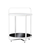 27" White Glass And Iron Round End Table With Shelf