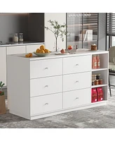 Kitchen island with 6 drawers, 4 doors, island storage table with shelves, coffee station and microwave rack for home, dining room, white, wooden