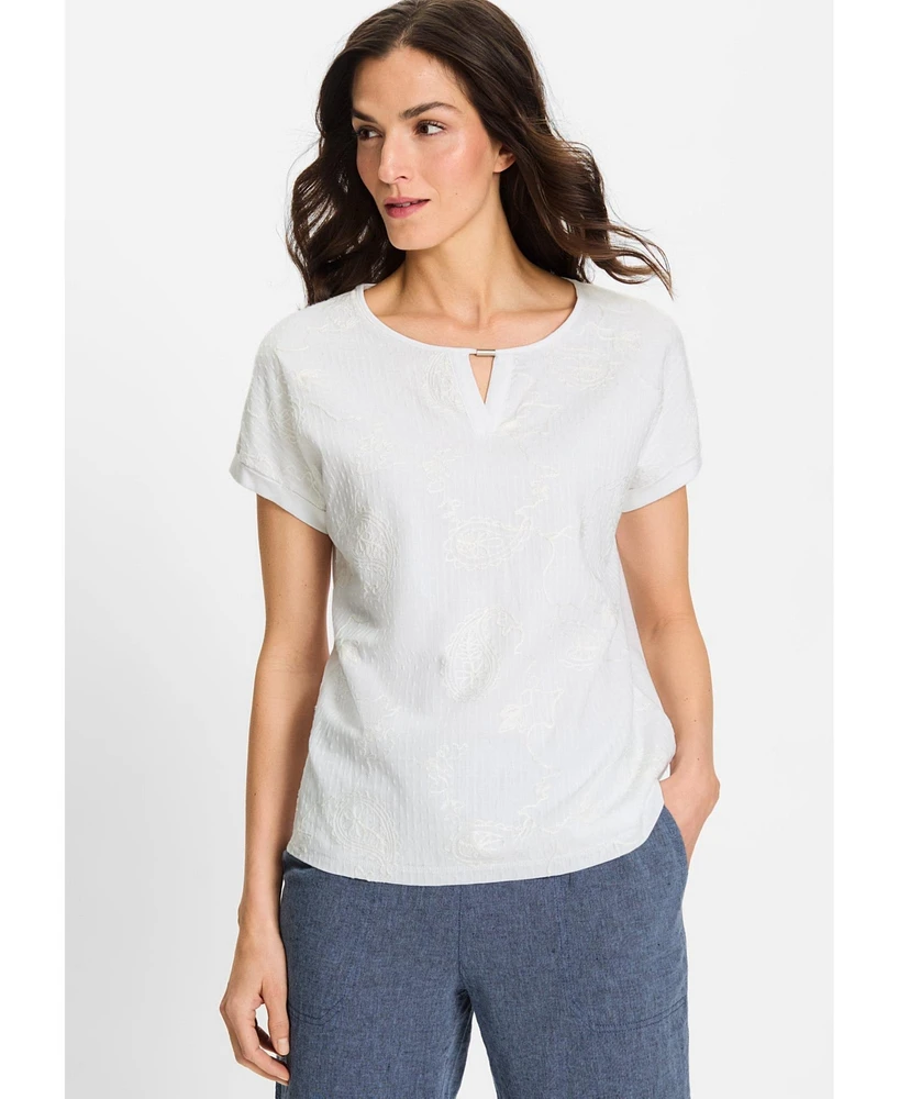 Olsen Women's Embroidered Mixed Media T-Shirt