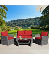 Gymax 4PCS Patio Rattan Conversation Set Outdoor Furniture Set w/ Red Cushions