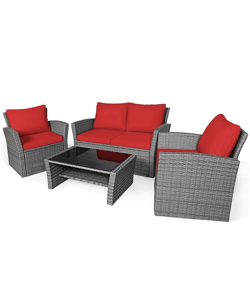 Gymax 4PCS Patio Rattan Conversation Set Outdoor Furniture Set w/ Red Cushions