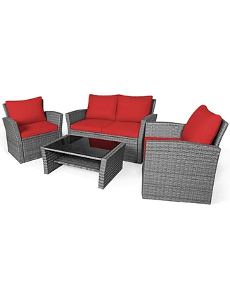 Gymax 4PCS Patio Rattan Conversation Set Outdoor Furniture Set w/ Red Cushions