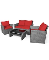 Gymax 4PCS Patio Rattan Conversation Set Outdoor Furniture Set w/ Red Cushions