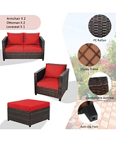 Gymax 5PCS Outdoor Patio Rattan Conversation Sofa Furniture Set w/ Red Cushions