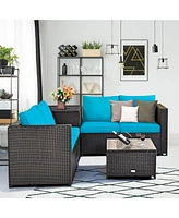 Gymax 8PCS Cushioned Rattan Patio Conversation Set w/ Side Table Turquoise Cushion