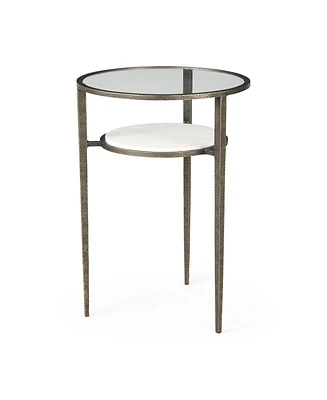 Glass and Metal Round End Table with Lower Shelf for Living Room