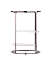 24" Black Metal Glass And Faux Marble Round End Table With Two Shelves