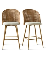 Set of 4 Rattan Back Bar Stools, 29" Beige Upholstered Bar Height Chairs with Woven Cane Back-Maison Boucle