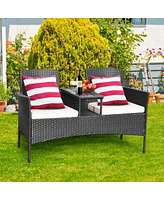 Gymax Cushioned Rattan Wicker Patio Conversation Set w/ Table Steel Frame