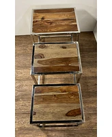 Set of Three 21" Silver And Brown Solid Wood Nested Tables