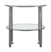 24" Silver And Clear Glass And Distressed Iron Round End Table With Shelf