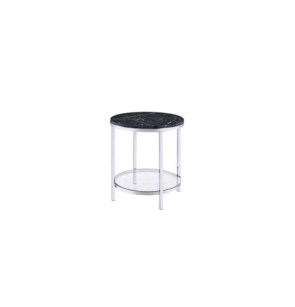 Contemporary Faux Marble and Metal Round End Table with Storage Shelf