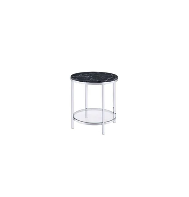 Contemporary Faux Marble and Metal Round End Table with Storage Shelf
