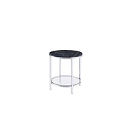 Contemporary Faux Marble and Metal Round End Table with Storage Shelf