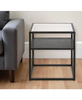 Modern Glass and Steel Square End Table with Storage Shelf – Perfect for Any Space
