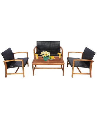 4PCS Outdoor Patio Rattan Furniture Set Acacia Wood Frame Sofa Loveseat Garden