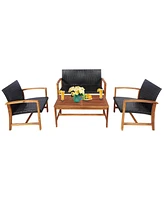 4PCS Outdoor Patio Rattan Furniture Set Acacia Wood Frame Sofa Loveseat Garden