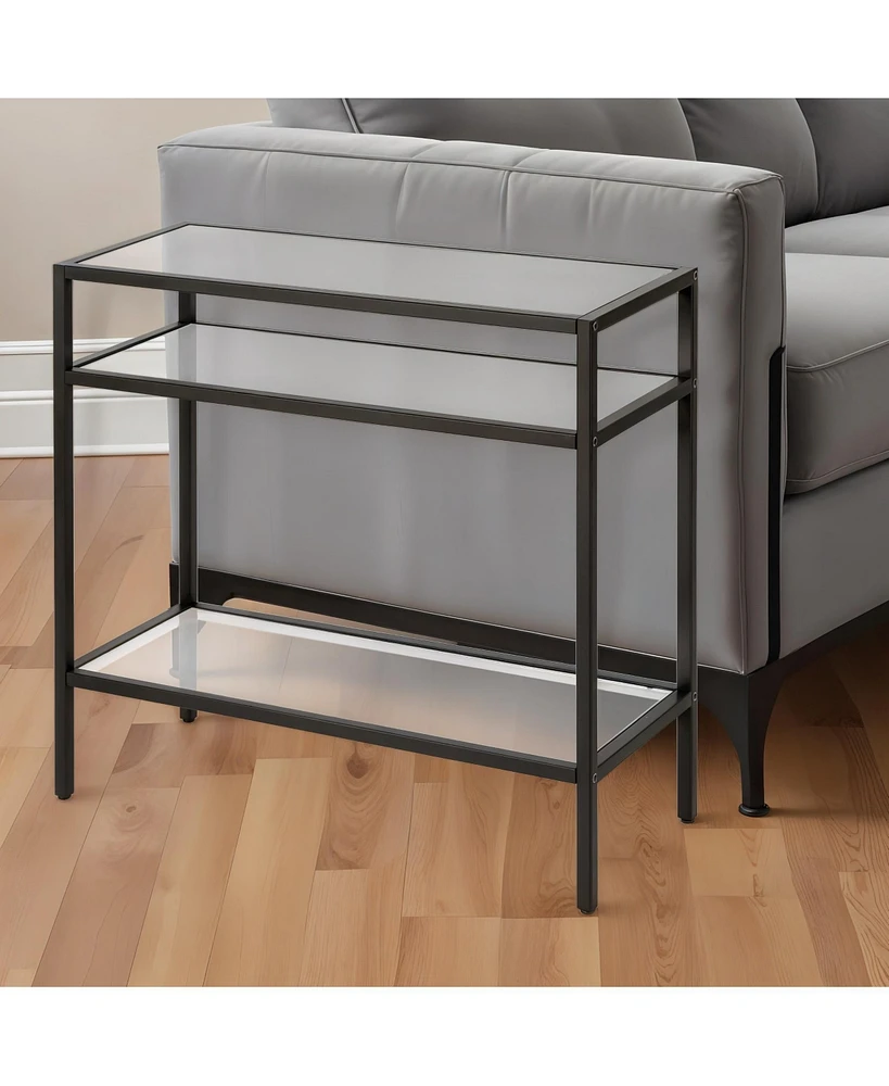Glass and Steel End Table Modern Side with Two-Tier Shelf Storage For Living Room