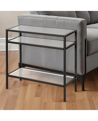 Glass and Steel End Table Modern Side with Two-Tier Shelf Storage For Living Room