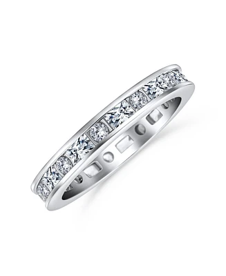Bling Jewelry Minimalist Thin Pave Round Baguette Stackable Eternity Band Ring .925 Sterling Silver 2MM