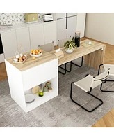 Kitchen island with 2 drawers, kitchen island storage table with dining table, coffee station and microwave rack for home, dining room, wood grain col