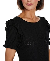 Belldini Women's Knit Eyelet Ruffle Sleeve Top