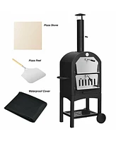 Rolling Outdoor Pizza Oven Wood Fire Pizza Maker With Pizza Peel Pizza Stone Waterproof Cover Wood Storage Shelf Ash Collection Drawer Thermometer Hea