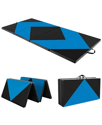 8 Feet Pu Leather Folding Gymnastics Mat with Hook and Loop Fasteners-Blue