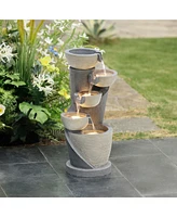 LuxenHome Gray Cascading Bowls and Column Resin Outdoor Fountain with Led Lights