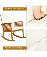 Gymax 3PCS Patio Rocking Chair Set Round Table Solid Wood Cushioned Sofa Garden Deck