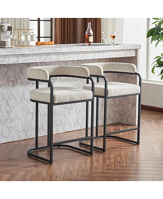 Modern Chenille Bar Stools Set of 2 Upholstered Counter Height Chairs with Armrests and Metal Frame for Kitchen Island Dining Room Home Bar-The Pop Ho
